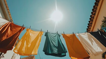 Clothes of all colors drying on a line under a clear blue sky, moving slightly in the breeze, capturing a sunny, fresh laundry day.