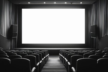 Fototapeta premium Empty, modern auditorium with rows of sleek gray chairs facing a wide-format blank screen, perfect for presentations, conferences, or cinema screenings. Suitable for corporate or educational themes.