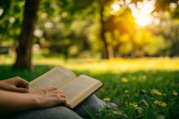 Obraz premium Reading a book outdoors in sunlit park surrounded by nature and tranquility