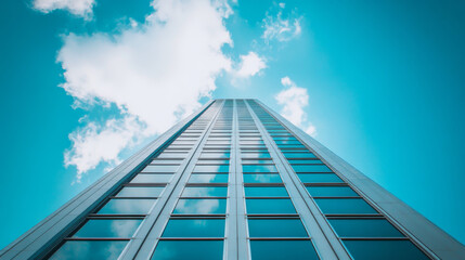 Fototapeta premium A tall, modern office building reaches up towards a bright blue sky.