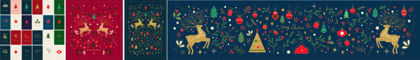 Merry Christmas collection with Christmas deer, toys and decorative branches. Christmas greeting cards, covers and banners. Christmas illustration in Scandinavian style.