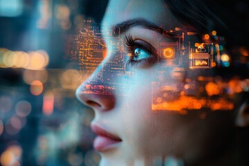 Futuristic vision: woman contemplating digital data interface