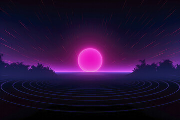 A bright pink sun, barely visible over the dark horizon, creates a stunning contrast with its bold radiant glow.