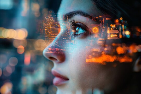 Futuristic vision: woman contemplating digital data interface