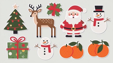 Fototapeta premium Set of Christmas stickers, Christmas tree, deer, Santa Claus, snowman, gift, tangerines, stickers on white background