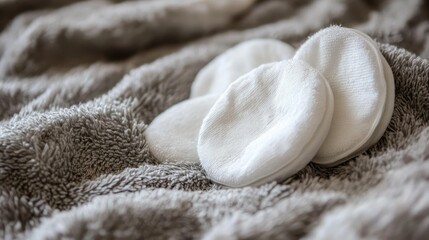 Cotton pads on a fluffy towel with skincare products, symbolizing comfort and softness in a beauty setup.