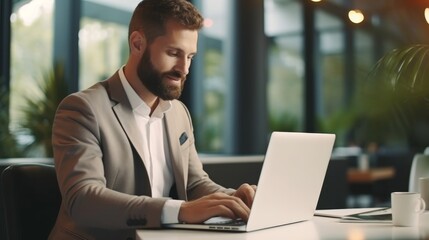 Fototapeta premium Professional man working on laptop in modern office environment