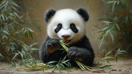 Obraz premium Adorable Panda Cub Eating Bamboo
