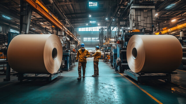 Large industrial paper rolls in factory setting with workers discussing