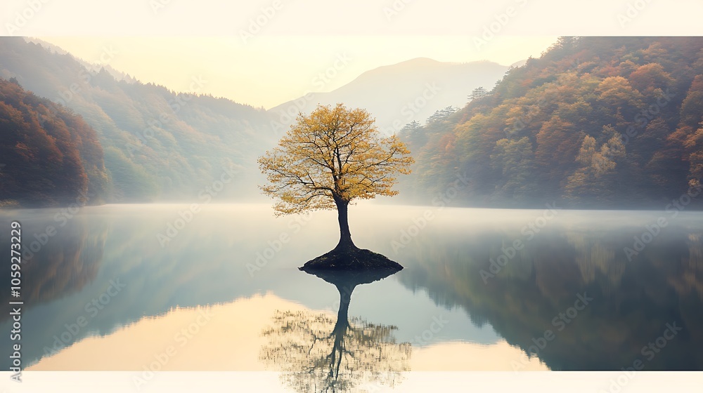 Poster lonely tree in a misty lake blank background with copy space for design projects