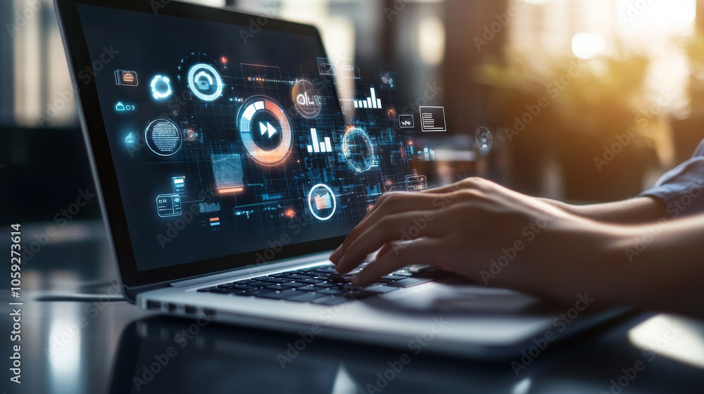Aufkleber using a laptop, a person is searching for information online. this process involves seo (search engi