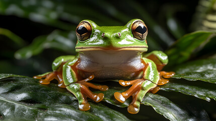Close up of green tree frog on leaf, showcasing its vibrant colors and features