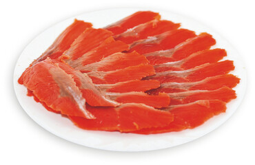 sliced red fish on a plate: pink salmon, amberjack, chum salmon, salmon, trout, tuna, haddock, herring, mackerel, steelhead salmon, chinook Salmon, Coho Salmon, Sockeye Salmon, Cutthroat trout, Rainbo