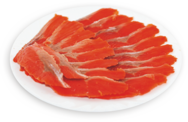 sliced red fish on a plate: pink salmon, amberjack, chum salmon, salmon, trout, tuna, haddock, herring, mackerel, steelhead salmon, chinook Salmon, Coho Salmon, Sockeye Salmon, Cutthroat trout, Rainbo