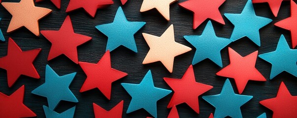 Obraz premium A vibrant arrangement of star shapes in red, blue, and cream tones on a dark background, creating a festive and playful atmosphere.
