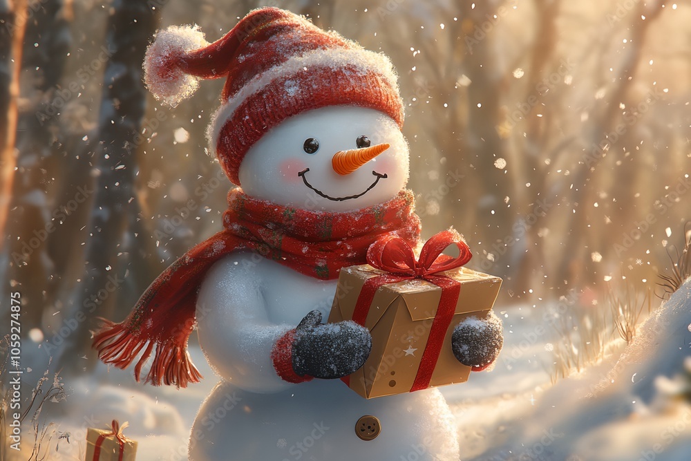 Aufkleber a snowman is holding a box with a red ribbon on it. the snowman is smiling and he is happy. the scen