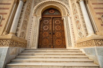 Obraz premium Closeup Digital Dot Image of Ornate Tower Entrance with Artistic Door Design and Welcoming Steps for Architectural