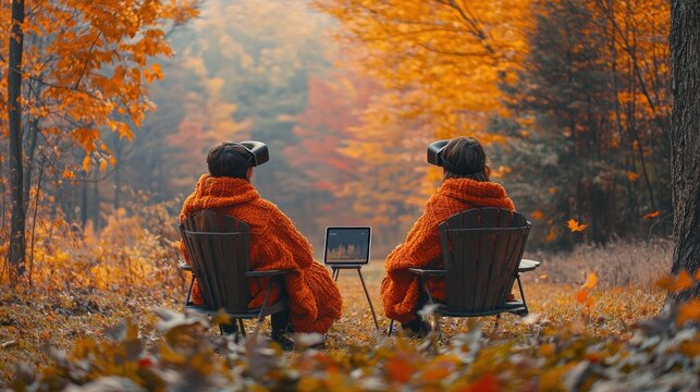 Two friends wrapped in blankets, sitting in lawn chairs with virtual reality (VR) headsets, experiencing a simulated tour of different fall forests. Nearby, a tablet displays real-time foliage