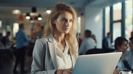 Obraz premium A professional woman engaged in work at a modern office environment with colleagues in the background