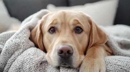 Dog lying on a couch, nestled under a blanket, enjoying warmth, and creating a heartwarming, cozy winter vibe.