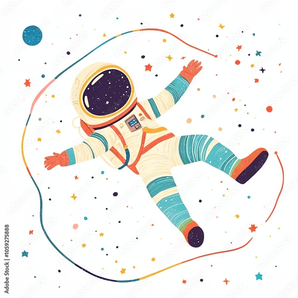 Aufkleber a colorful astronaut is floating in space with a string tied to his leg. the astronaut is wearing a 