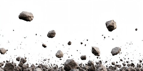 A pile of rocks is scattered across a white background. The rocks are of various sizes and are flying in different directions. Concept of chaos and destruction