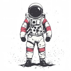 Fototapeta premium A man in a white spacesuit stands on a dirty surface. The man is wearing a red strap on his left leg