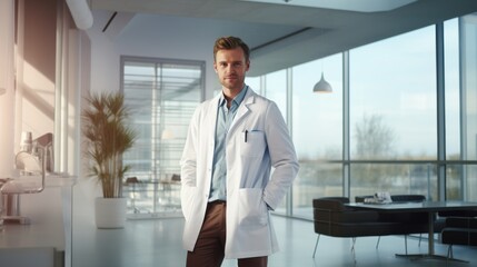 Fototapeta premium Confident young male doctor in modern medical office setting with natural light