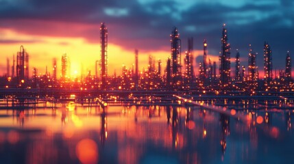 Fototapeta premium A panoramic view of an industrial complex at sunset, with the glowing lights reflecting in the water.