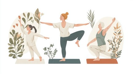 Three generations practicing yoga together in a peaceful setting surrounded by plants