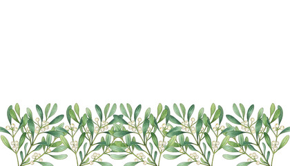Fototapeta premium Green Watercolor Leaves with White Berries on a White Background