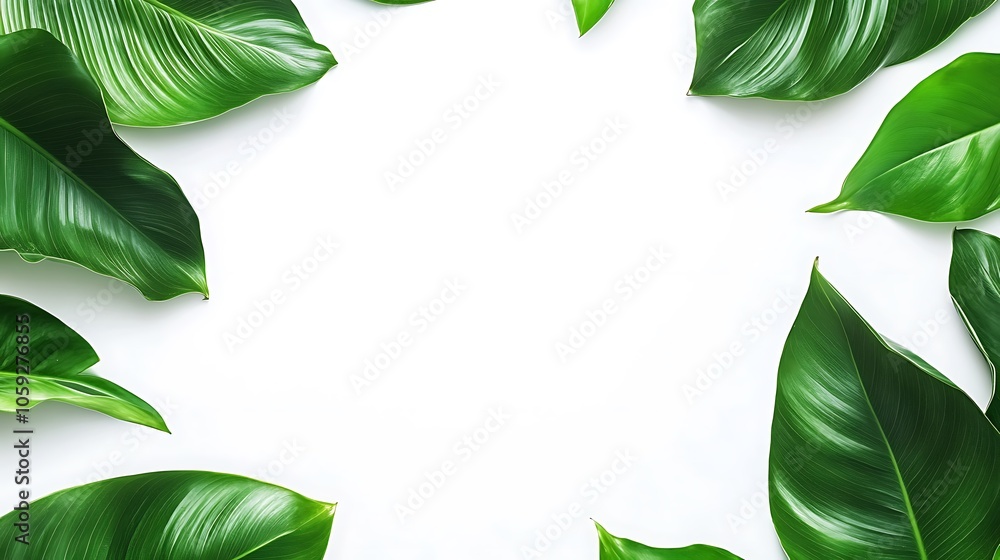 Poster green leaves on white background subtle blur background with space for custom text