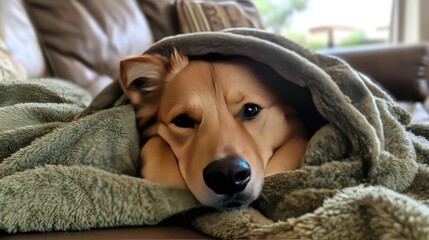 Dog with his head poking out from under a thick blanket, cozy on the couch, enjoying the warmth of an indoor setting.