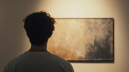 Close-up of a person studying a painting in a quiet gallery, with soft lighting that highlights the artwork's colors and texture against a minimalist background.