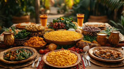 Fototapeta premium A beautifully arranged Kwanzaa feast featuring traditional dishes, celebrating cultural heritage and togetherness in a festive atmosphere.
