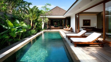 Elegant swimming pool beside a sleek villa, surrounded by tropical plants and modern design, no people, capturing a tranquil ambiance.