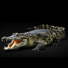 Obraz premium A realistic crocodile with an open mouth, displaying sharp teeth, and detailed scales on a dark background.