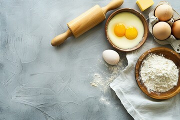 Baking ingredients and tools on concrete background for recipes.