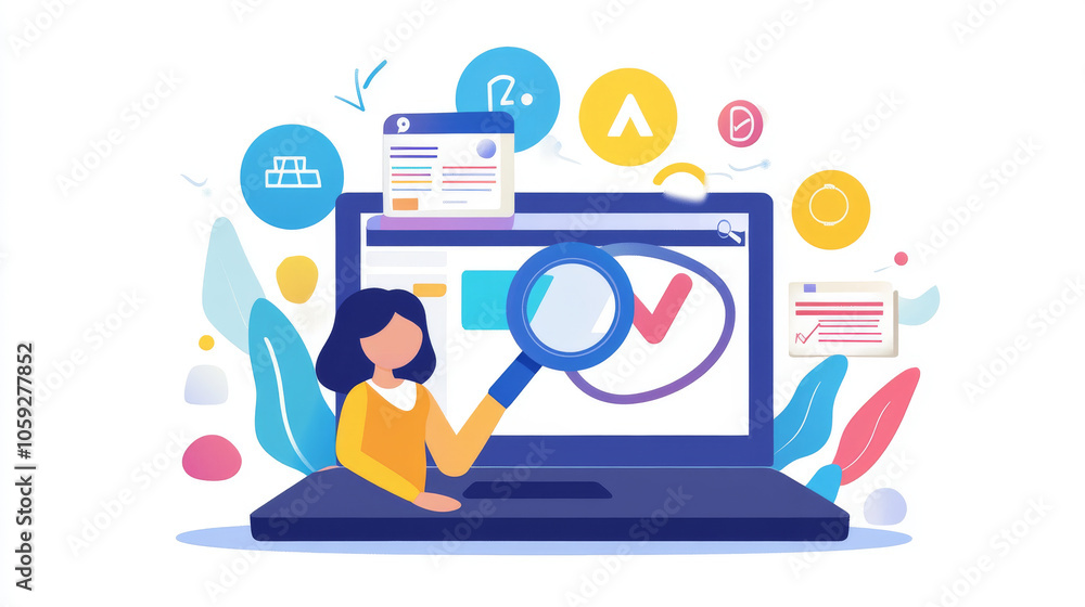 Aufkleber using a laptop, a person is searching for information online. this process involves seo (search engi