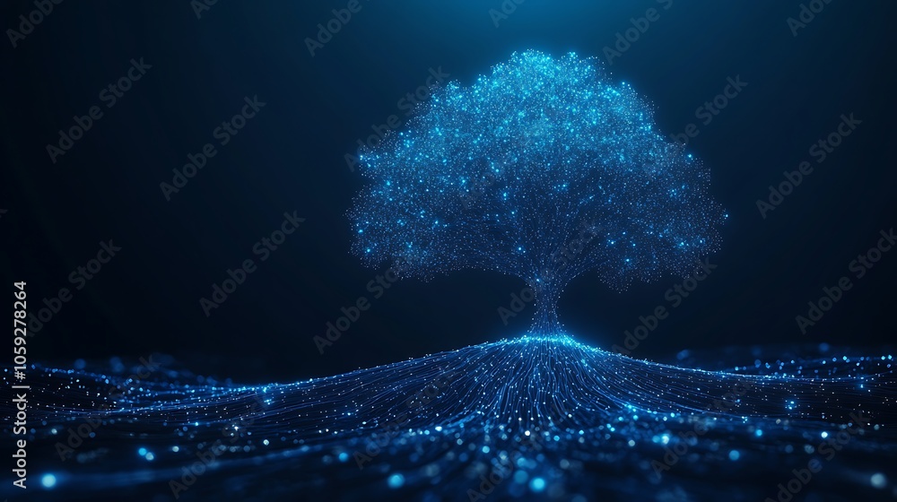 Poster glowing tree with digital particles in dark background