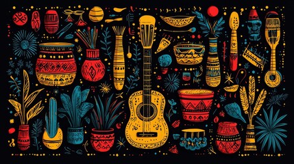 Obraz premium Colorful Abstract Illustration of Musical Instruments, Pots, and Plants