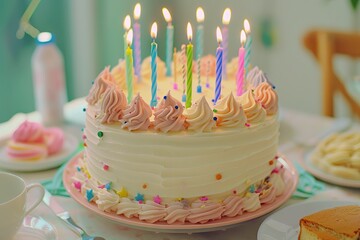 Colorful candles adorn birthday cake for celebration.