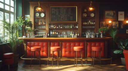 A vintage-style bar interior with red leather bar stools, a wooden bar counter, and a chalkboard menu behind the bar.