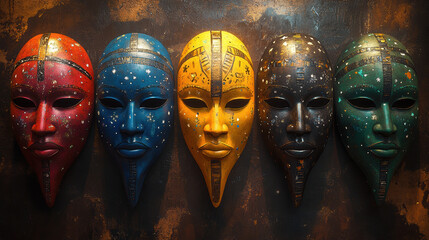A collection of colorful masks representing cultural art, enhancing Kwanzaa decor with vibrant expressions.