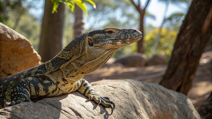 Obraz premium Closeup of Lace Monitor Lizard Resting on a Rock in Natural Habitat