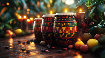 A vibrant display of traditional drums used in Kwanzaa celebrations, symbolizing cultural heritage and joy.