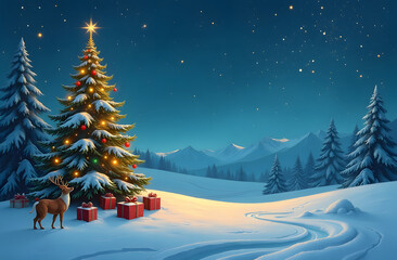 Naklejka premium Beautiful snow-covered landscape with a brightly lit Christmas tree outside a cosy cottage on a quiet winter evening