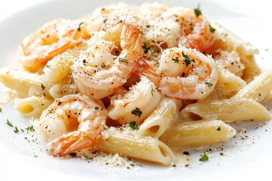 Penne with shrimp creamy sauce and grated parmesan on a light backdrop