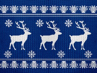 Detailed Christmas sweater design with white reindeer, snowflakes, and geometric patterns on a blue knitted background, ideal for holiday themes.