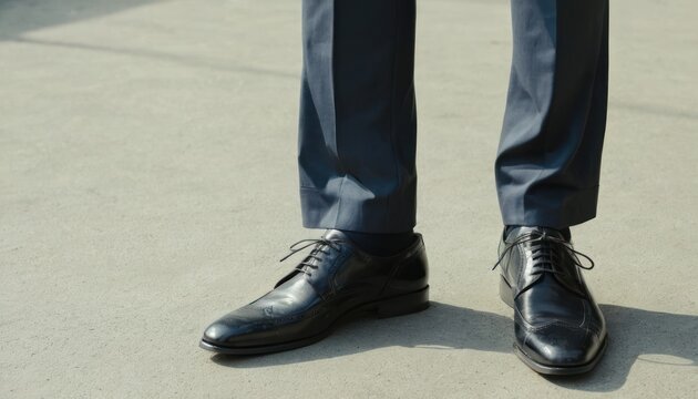 A Man Stands on a Pavement Wearing Polished Dress Shoes and Tailored Trousers